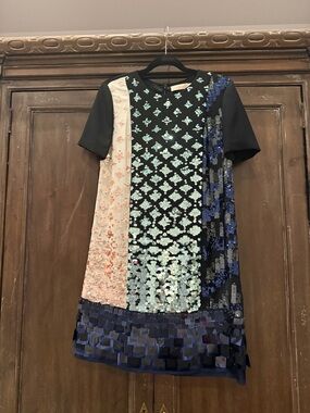 Tory Burch Black, Light Blue, Blush & Navy Sequin Panel Mini Dress